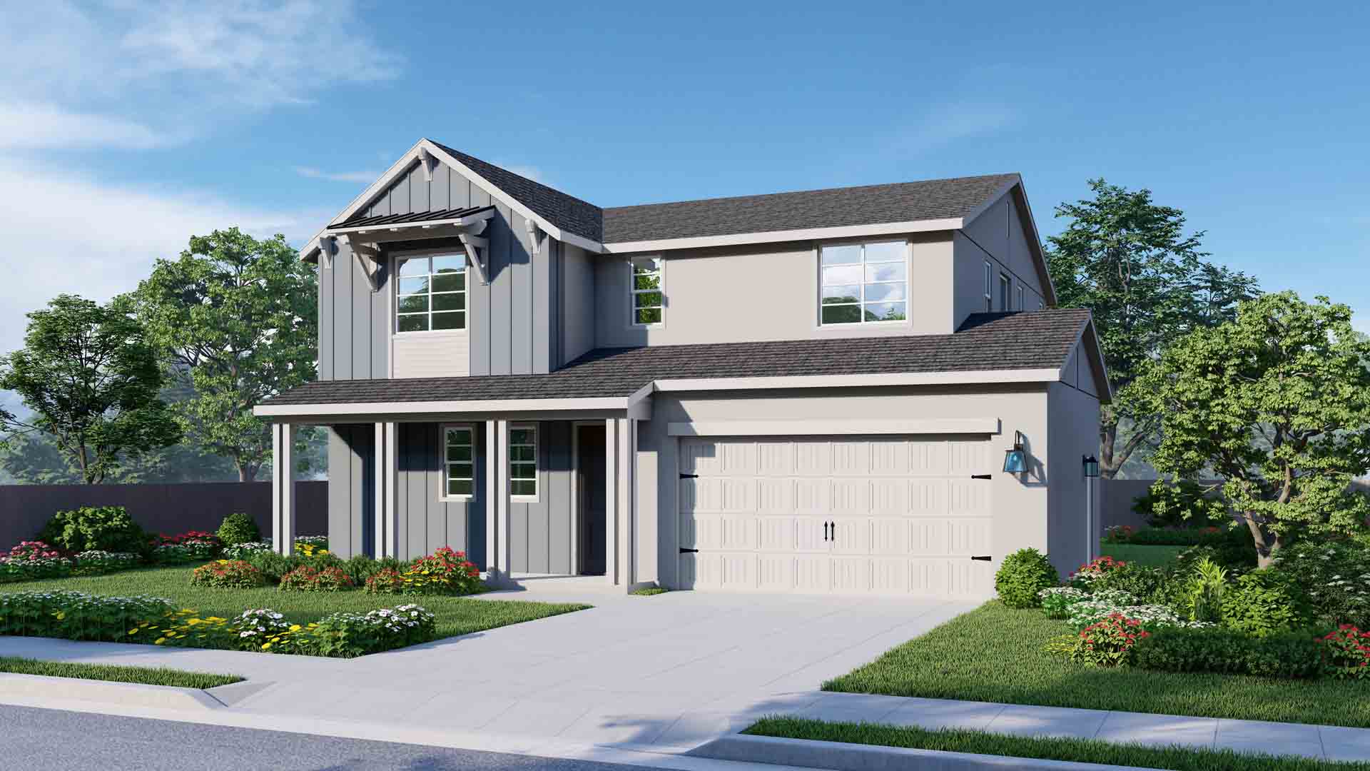 All Monreau elevations are two-story homes. The Modern Farmhouse elevation features trim and details that give it a welcoming farmhouse look. The model pictured has light gray vertical siding on sections of the lower and upper floors, with white trim. The garage door is white and has paneling and metal accents that give it an elevated look.