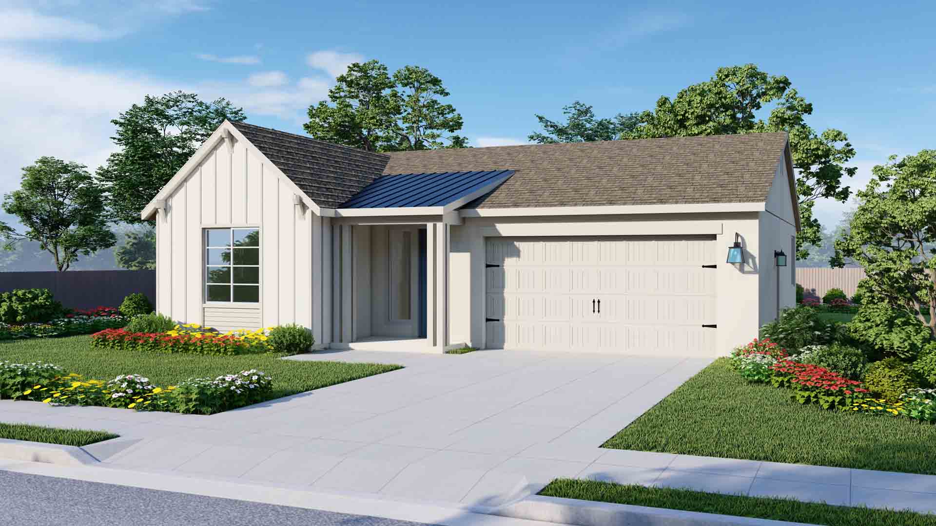 All Raleigh elevations are one-story homes. The Modern Farmhouse elevation features trim and details that give it a welcoming farmhouse look. The model pictured has cream vertical siding with cream trim. The garage door is also cream and has paneling and metal accents that give it an elevated look.